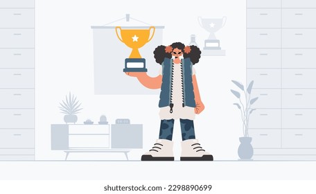 Energized lady holding the winner's holder. Trendy style, Vector Illustration