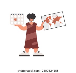 The energized lady holds a calendar and a organize of the world in his hands. Compelled on white foundation. Trendy style, Vector Illustration