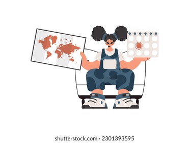 The energized lady holds a calendar and a organize of the world in his hands. Compelled on white foundation. Trendy style, Vector Illustration