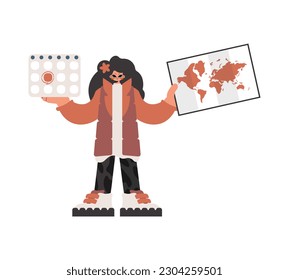 The energized lady holds a calendar and a organize of the world in his hands. Compelled on white foundation. Trendy style, Vector Illustration