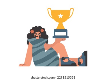 The energized lady holds the glass of the victor in her hands, kept on a white foundation. Trendy style, Vector Illustration