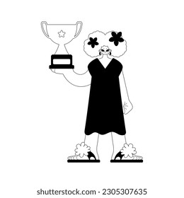 The energized lady holds the holder of the champ in his hands. Dim and white line craftsmanship. Trendy style, Vector Illustration