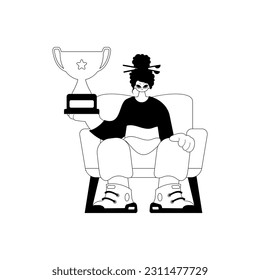The energized lady holds the holder of the champ in his hands. Dim and white line craftsmanship. Trendy style, Vector Illustration