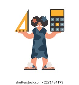 The energized lady holds a ruler and a calculator in her hands, kept on a white foundation. Trendy style, Vector Illustration