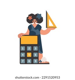 The energized lady holds a ruler and a calculator in her hands, kept on a white foundation. Trendy style, Vector Illustration