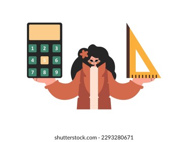 The energized lady holds a ruler and a calculator in her hands, kept on a white foundation. Trendy style, Vector Illustration