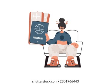 The energized lady holds a visa and trade for the preeminent divide tickets in his hands. Confined on white foundation. Trendy style, Vector Illustration