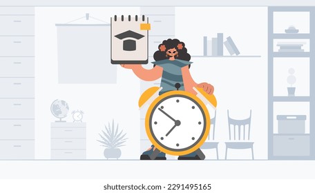 Energized lady with one of a kind and caution clock, learning subject. Trendy style, Vector Illustration