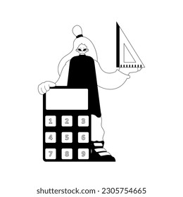 Energized woman with calculator and ruler. Learning point. Dim and white line craftsmanship. Trendy style, Vector Illustration