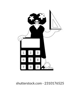 Energized woman with calculator and ruler. Learning point. Dim and white line craftsmanship. Trendy style, Vector Illustration