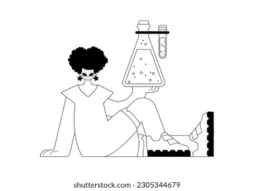 Energized woman with a chemical bump. Learning subject. Dim and white line craftsmanship. Trendy style, Vector Illustration