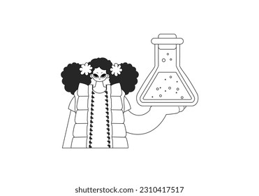 Energized woman with a chemical bump. Learning subject. Dim and white line craftsmanship. Trendy style, Vector Illustration