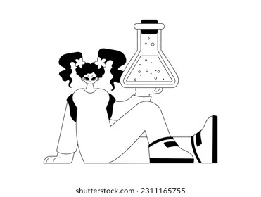 Energized woman with a chemical bump. Learning subject. Dim and white line craftsmanship. Trendy style, Vector Illustration