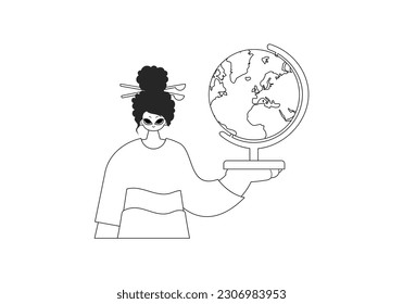 The energized woman with the globe. Learning subject. Pitiful and white line craftsmanship. Trendy style, Vector Illustration