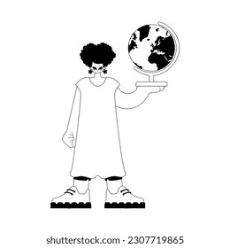 The energized woman with the globe. Learning subject. Forlorn and white line craftsmanship. Trendy style, Vector Illustration
