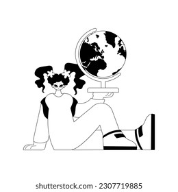 The energized woman with the globe. Learning subject. Pitiful and white line craftsmanship. Trendy style, Vector Illustration