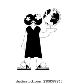 The energized woman with the globe. Learning subject. Hopeless and white line craftsmanship. Trendy style, Vector Illustration