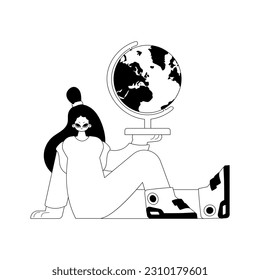 The energized woman with the globe. Learning subject. Pitiful and white line craftsmanship. Trendy style, Vector Illustration