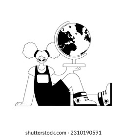 The energized woman with the globe. Learning subject. Pitiful and white line craftsmanship. Trendy style, Vector Illustration