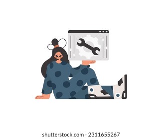 The energized woman is holding a browser window with gears. SEO and web exploring subject. Limited. Trendy style, Vector Illustration