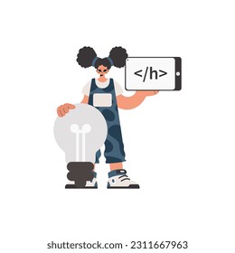 The energized woman is holding a browser window with a programming picture, and to boot standing near a colossal light bulb. Pulled back on white establishment. Trendy style, Vector Illustration