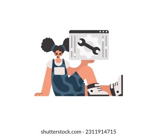 The energized woman is holding a browser window with gears. SEO and web examining subject. Confined. Trendy style, Vector Illustration