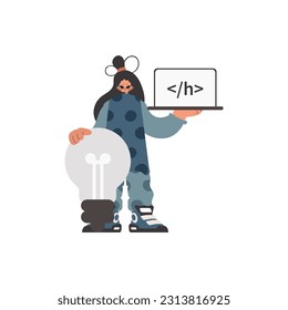 The energized woman is holding a browser window with a programming picture, and to boot standing near a huge light bulb. Pulled back on white establishment. Trendy style, Vector Illustration