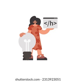 The energized woman is holding a browser window with a programming picture, and to boot standing near a colossal light bulb. Pulled back on white establishment. Trendy style, Vector Illustration