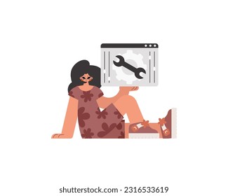 The energized woman is holding a browser window with gears. SEO and web analyzing subject. Limited. Trendy style, Vector Illustration