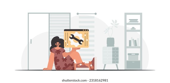 The energized woman is holding a browser window with gears. SEO and web analyzing point. Trendy style, Vector Illustration