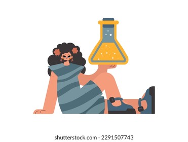 Energized woman holding a chemical trance, pulled back on white establishment. Trendy style, Vector Illustration
