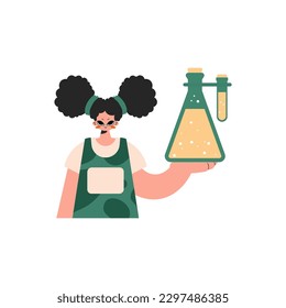 Energized woman holding a chemical trance, pulled back on white establishment. Trendy style, Vector Illustration