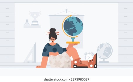 Energized woman holding a colossal globe, learning subject. Trendy style, Vector Illustration