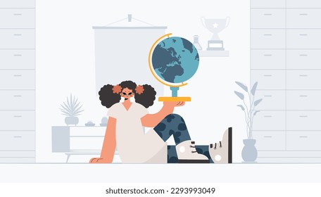 Energized woman holding a colossal globe, learning subject. Trendy style, Vector Illustration