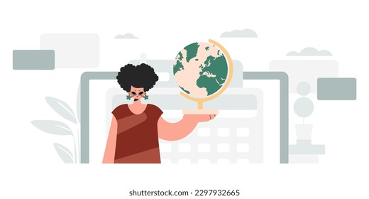 Energized woman holding a colossal globe, learning subject. Trendy style, Vector Illustration