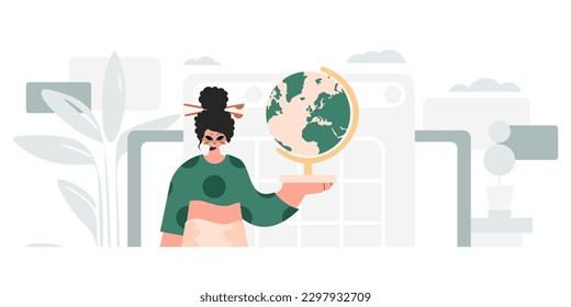 Energized woman holding a colossal globe, learning subject. Trendy style, Vector Illustration