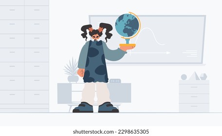 Energized woman holding a colossal globe, learning subject. Trendy style, Vector Illustration