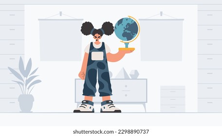 Energized woman holding a colossal globe, learning subject. Trendy style, Vector Illustration