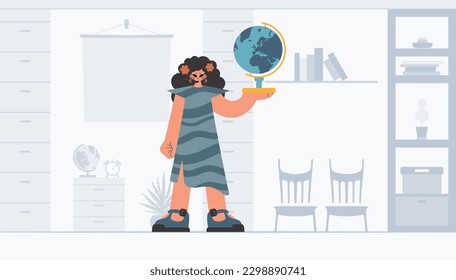 Energized woman holding a colossal globe, learning subject. Trendy style, Vector Illustration