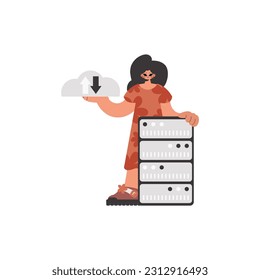 The energized woman is holding a data cloud and a server. Kept. Trendy style, Vector Illustration