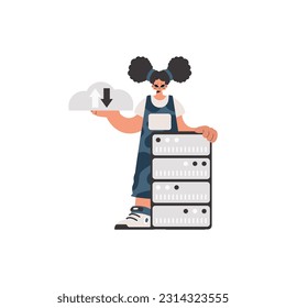 The energized woman is holding a data cloud and a server. Restricted. Trendy style, Vector Illustration