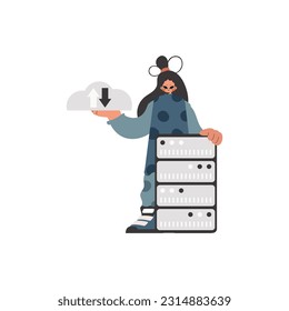 The energized woman is holding a data cloud and a server. Restricted. Trendy style, Vector Illustration