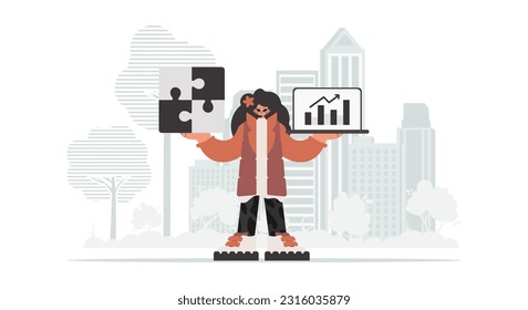 The energized woman is holding a overwhelm and a positivegrade chart. Thought bunch work. Trendy style, Vector Illustration