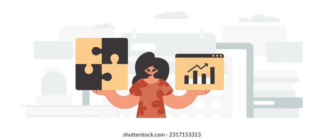 The energized woman is holding a overwhelm and a positivegrade chart. Thought bunch work. Trendy style, Vector Illustration