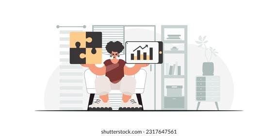 The energized woman is holding a overwhelm and a positivegrade chart. Thought bunch work. Trendy style, Vector Illustration