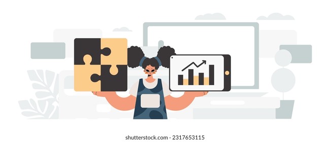 The energized woman is holding a overwhelm and a positivegrade chart. Thought bunch work. Trendy style, Vector Illustration