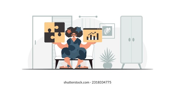 The energized woman is holding a overwhelm and a positivegrade chart. Thought bunch work. Trendy style, Vector Illustration