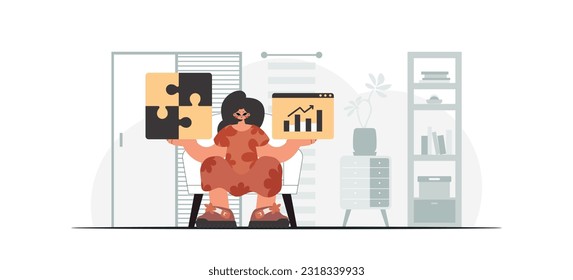 The energized woman is holding a overwhelm and a positivegrade chart. Thought bunch work. Trendy style, Vector Illustration