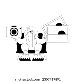 The energized woman is holding photos and a camera. Tourism subject. Dim and white line craftsmanship. Trendy style, Vector Illustration