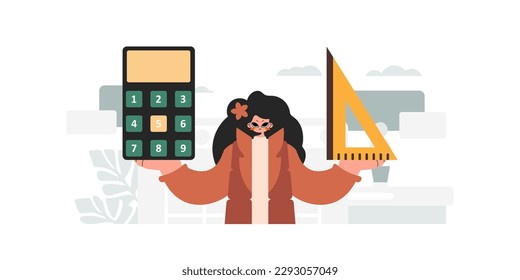 Energized woman holding a ruler and calculator, learning subject. Trendy style, Vector Illustration